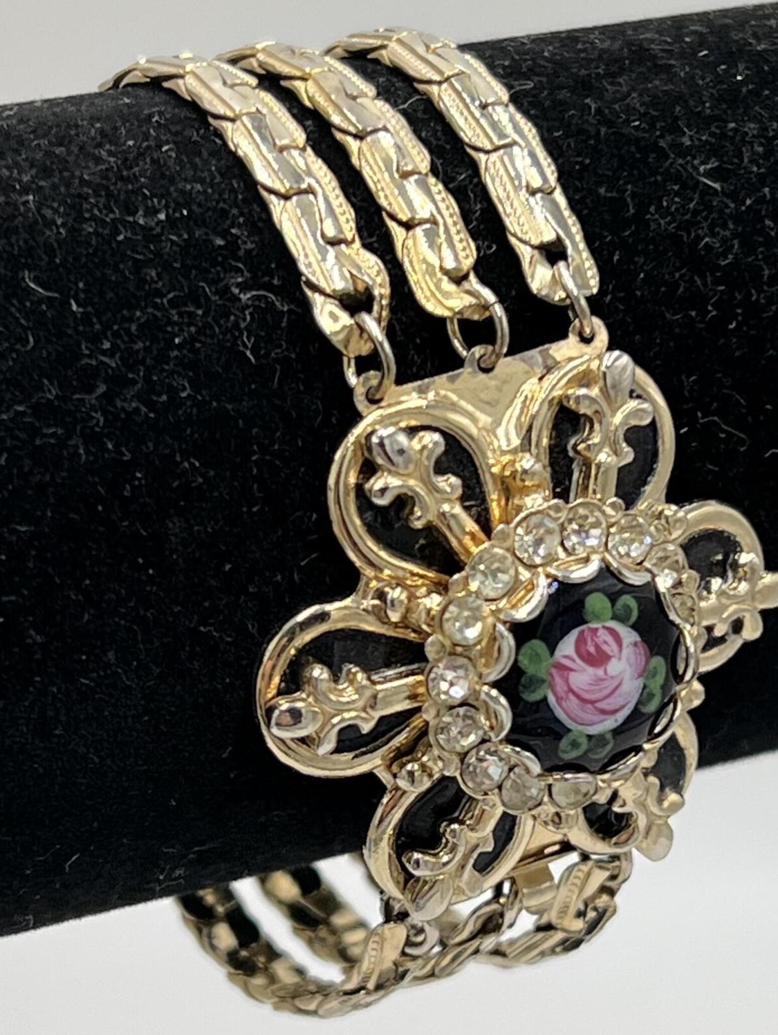Vintage Guilloch Enameled Rose Victorian Revival Bracelet